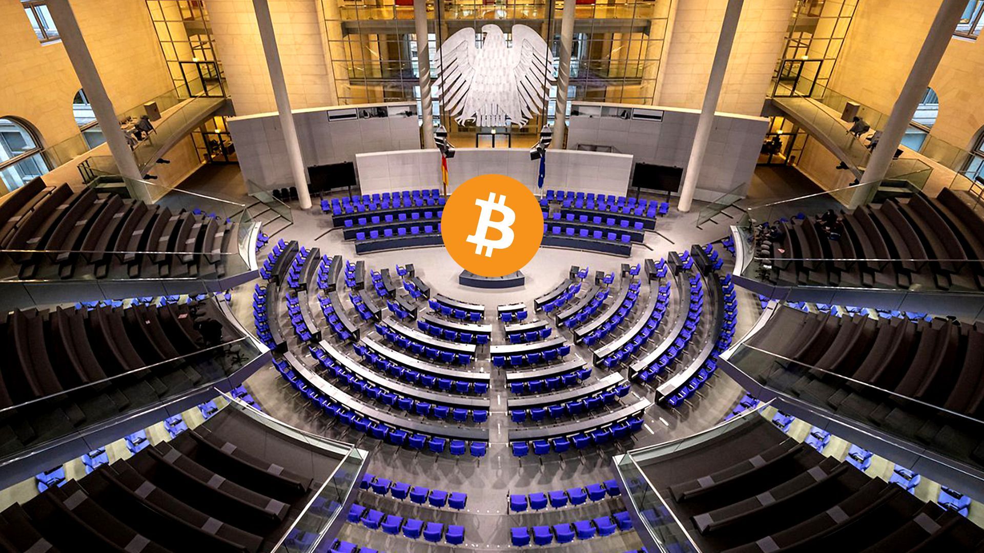 German Bundestag viwed from above witgh Bitcoin logo in the middle